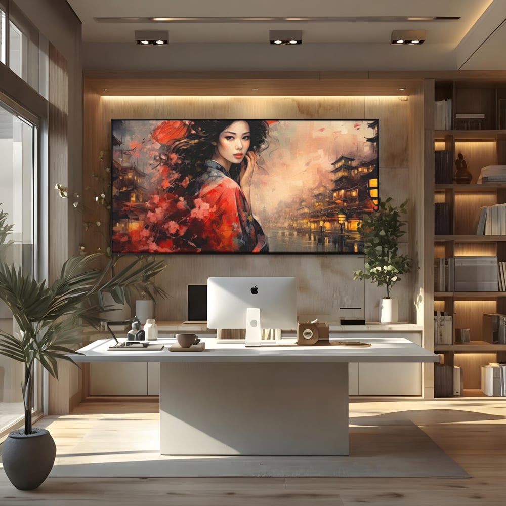 Tablou canvas cu tablou canvas cu gheisa in kyoto, in rama de aluminiu negru, pe perete intr-un birou